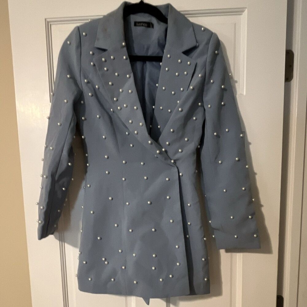 Boohoo Pearl Embellished Double-Breasted Long Notch Lapel Blazer Blue 6